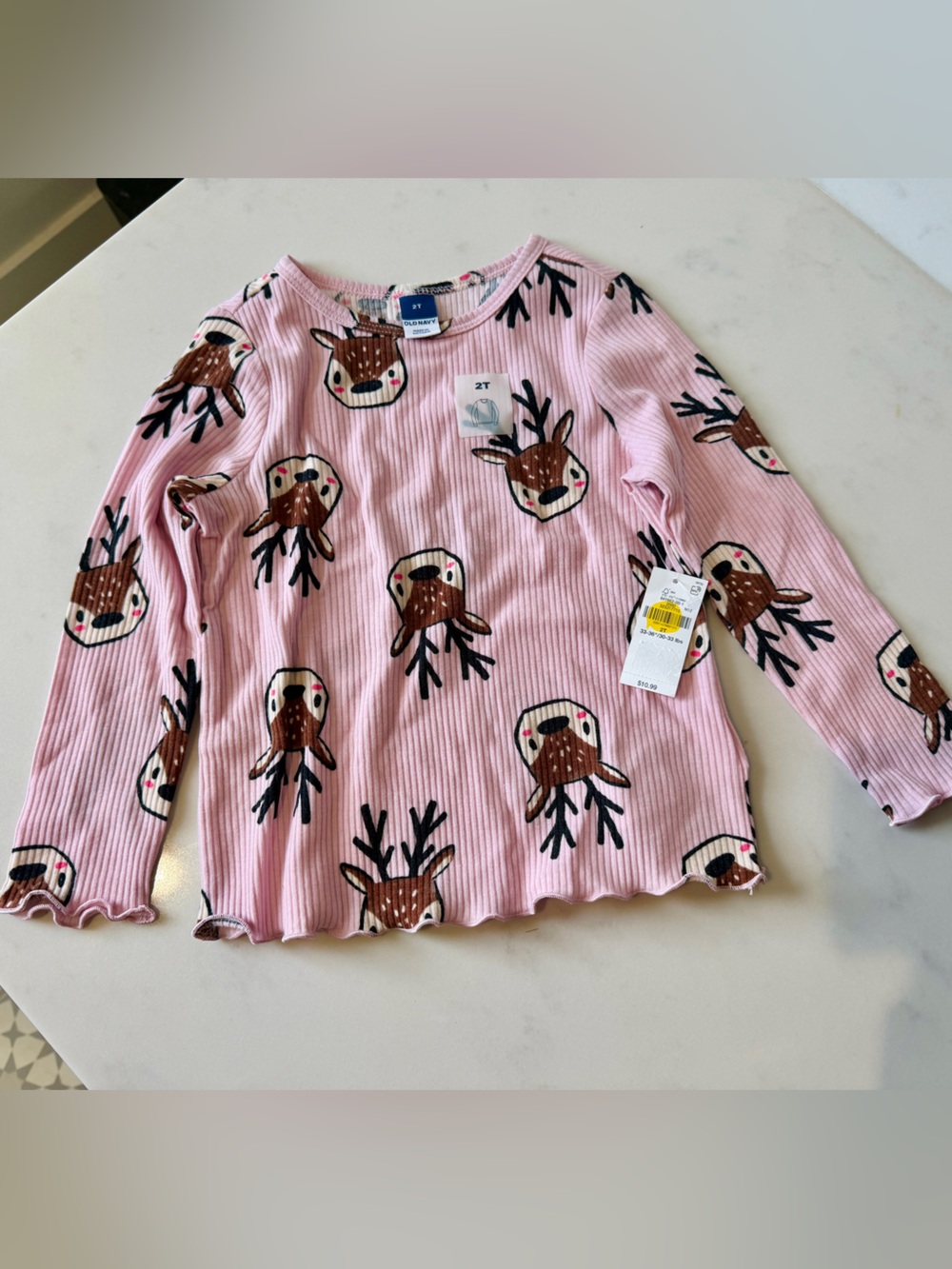 NWT, Old Navy Pink Reindeer Print Long-Sleeve Top - 2T, 2T